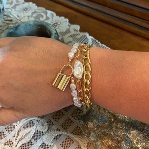 Baroque pearl bracelet set, gold tone 6.75-8.75”